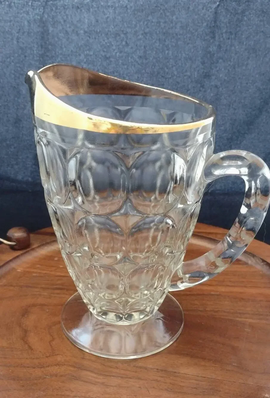 Vintage Jeanette Footed, Thumbprint glass pitcher, gold trim